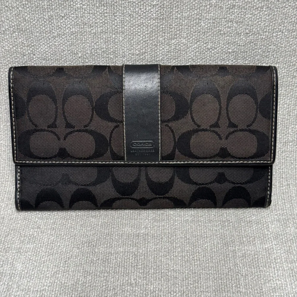 Coach Vintage Signature Monogram Slim Envelope Wallet Brown Canvas Leather Trim